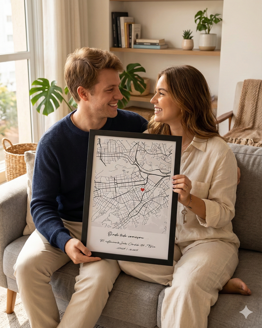 Casal feliz segurando um quadro de mapa personalizado da Artmaps como presente criativo para o dia dos namorados.