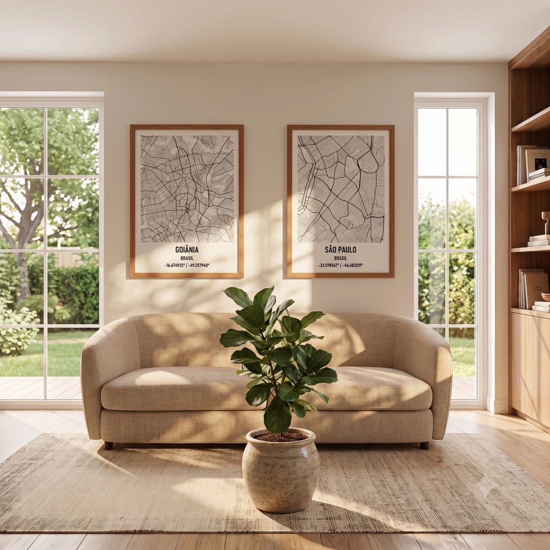 Sala de estar moderna com dois quadros de mapas personalizados da Artmaps nas paredes: um mapa de Goiânia à esquerda e um mapa de São Paulo à direita, integrados a uma decoração sofisticada com sofá clean e plantas.