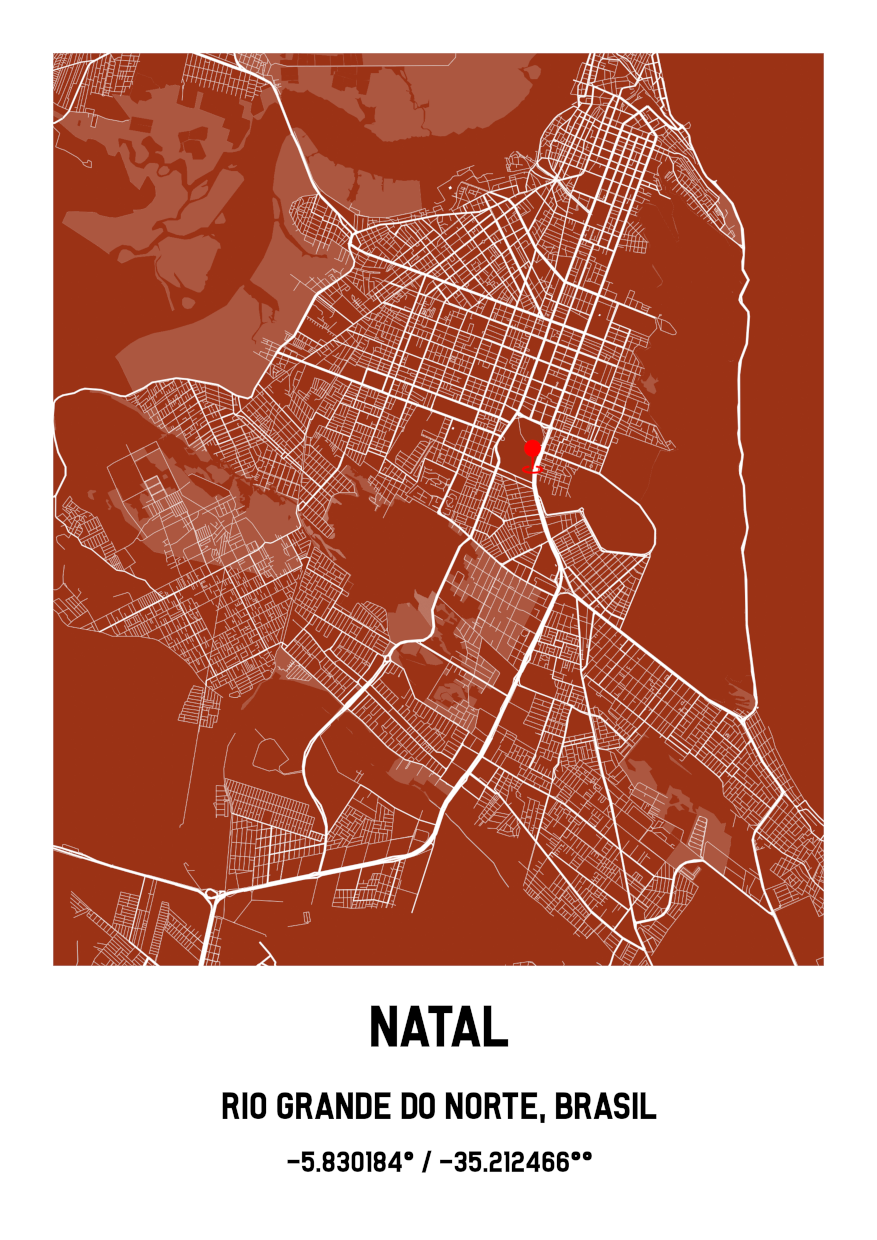 Poster digital de mapa personalizado da cidade de Natal, RN, pronto para impressão e decoração de casa.
