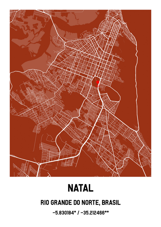 Poster digital de mapa personalizado da cidade de Natal, RN, pronto para impressão e decoração de casa.