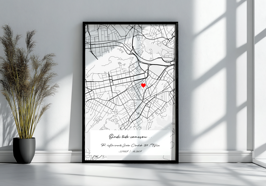 Tela canvas com mapa personalizado e moldura de borda infinita, mostrando um local especial.