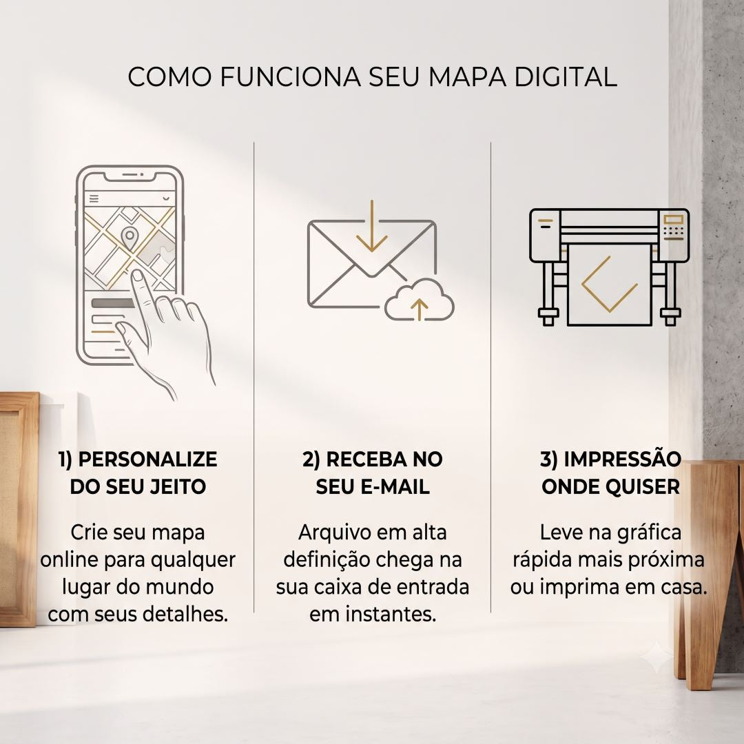 Infográfico explicativo em três passos mostrando como funciona o mapa digital: personalize do seu jeito para qualquer lugar do mundo, receba no seu e-mail e imprima onde quiser.