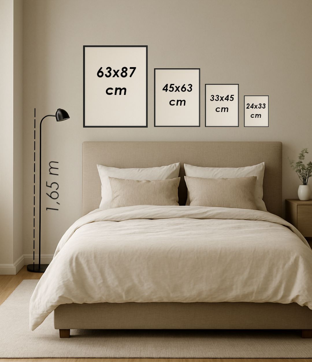 Infográfico de guia de tamanhos da Artmaps mostrando a proporção dos quadros em cima de uma cama de casal nas medidas 63x87 cm, 45x63 cm, 33x45 cm e 24x33 cm.