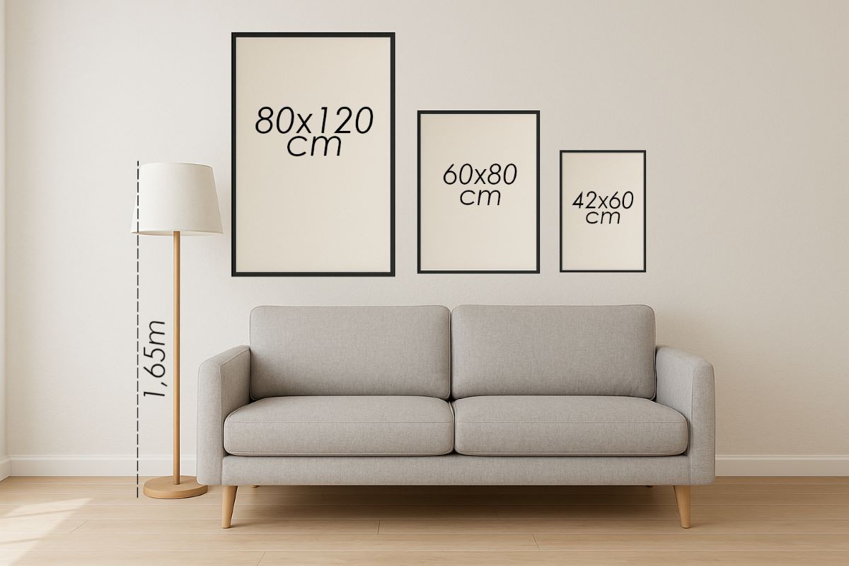 Infográfico de guia de tamanhos para tela canvas da Artmaps mostrando a proporção dos quadros grandes em cima de um sofá nas medidas 80x120 cm, 60x80 cm e 42x60 cm.